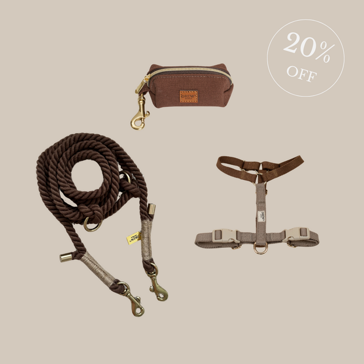 Cortado Hundegeschirr + BRAUNE Standard-Hundeleine + Espressobraune Hundetragetasche